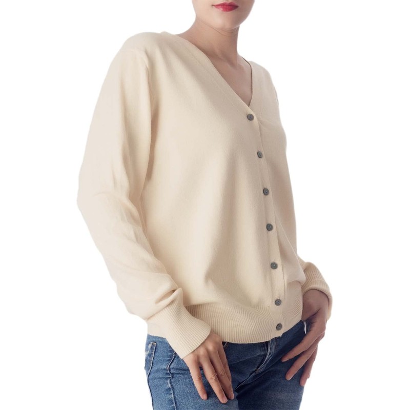 iB-iP Women's Lightweight V-Neck Cardigan Pullover Cardigan, cream