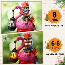Gerrii Tiki Statue Outdoor Decoration Solar Power Light Tiki Bar Garden Statues 11'' Resin Waterproof Totem Pole Flamingo Figurines for Garden, Patio, Balcony, Yard, Lawn Ornament