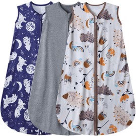 BSTOPPT 3 Pack Baby Sleep Sack 100% Rayon Cotton Baby Sleeping Bag 2-Way Zipper Toddler Wearable Blankets TOG 0.3. (Fox&Dinosaurs&Dark gray, 0-6 Months)