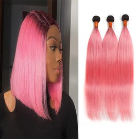 Ombre Bundles Pink Straight Human Hair 1B/Pink Straight Bundles Ombre Two Tone Black and Pink Bundles Weave Double Weft Brazilian Human Hair Wet and Wavy Bundles Silky Soft for Black Women 8 8 8 inch