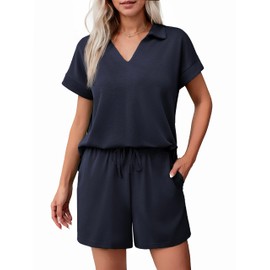 PINSPARK Womens Two Piece Outfits Summer Sweatsuit V-Neck Polo Top Sweat Shorts with Drawstring Pullover Lounge Sets Casual Travel Outfits, Navy Blue L