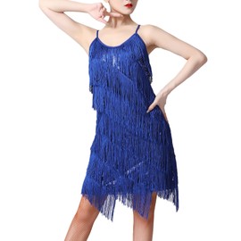 Women's Salsa Latin Dance Dress Ballroom Dance Costume Sequin Tassel Fringe Flapper Dress 1920s Gatsby Party Spaghetti Straps Roaring 20s Cocktail Dress Rhythm Tango Cha Cha Rumba Dress Royal Blue 2XL