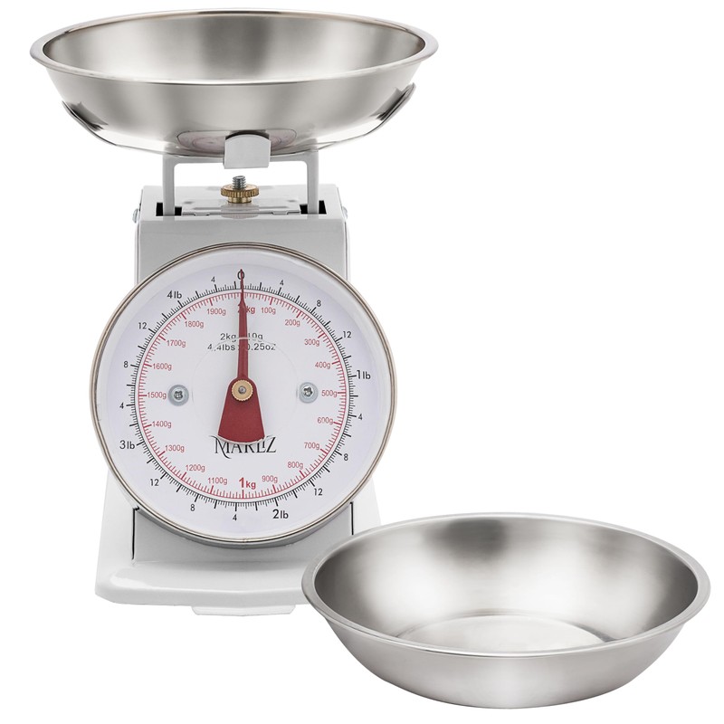 MARLIZ Small Retro Kitchen Scale 4.4Lb/2Kg with 2 Bowls White