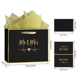 OIIVPOK - Bolsa de regalo de boda, bolsas de regalo de despedida de soltera, con papel de seda y tarjeta, papel de regalo grande para boda, bolsa de regalo de novia y dama negra para pareja