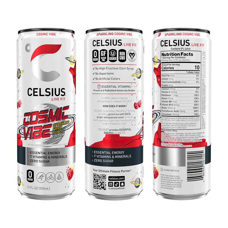 CELSIUS COSMIC VIBE Sparkling Fruit Punch, Sugar Free Energy Drink,