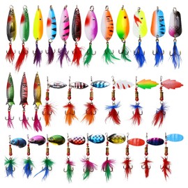 Rooster Bait Tail Fishing Lures Kit, 30pcs Spinner Baits Trout Lures Kit Metal Spoons with Feathered Treble Hooks Inline Spinnerbaits for Bass Trout Walleye Freshwater Saltwater