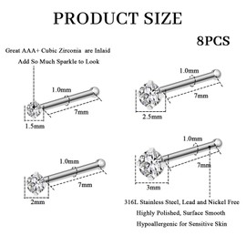 Kabwea Pack of 8 316L Steel Coloured Nose Piercing Studs, Nose Piercing, Helix Piercings, Nostril Piercing, Piercing Nose, 1.5 mm, 2 mm, 2.5 mm, 3 mm, Stainless Steel