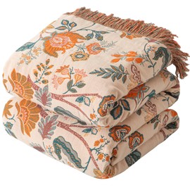 Boho Throw Blanket for Couch Sofa Bed, 100% Cotton Woven Quilt with Tassel 80”x90”, Super Soft Muslin Blanket with Floral Printed, Decorative Reversible Bed Blanket/Cover for All Seasons