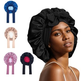 Satin Silk Bonnet Hair Bonnet for Sleeping  Double Layer  Hair Bonnet with Elastic Tie Band for Women Natural Curly Hair(Pink,black,blue，Brown) sponge baby - Color: brown
