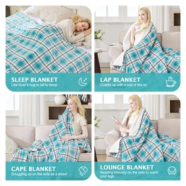 PTQ Electric Heated Blanket 50"x60",Fast Heated Throw with 8 Hours Auto Off/8 Heats Levels,Soft Blue Plaid Sherpa Electric Blanket with ETL Certification & Over-Heat Protection