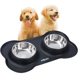 Edipets, Futternapf für Hund Katzen und Haustiere, Trinker für Hund Katzen, Doppelteller aus Edelstahl, rutschfeste Silikonbasis (Schwarz)