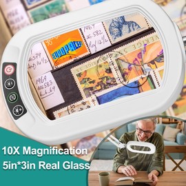 IVMAIE 10X Rectangle Magnifying Glass with Light, 5 Color Modes Stepless Dimmable Magnifier with Stand, LED Lighted Clamp Desk Lamp with Swing Arm, Hands Free for Reading Painting Close Work - White