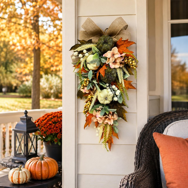 Svndlyn 24 Inch Lighted Fall Teardrop Swag with Timer and