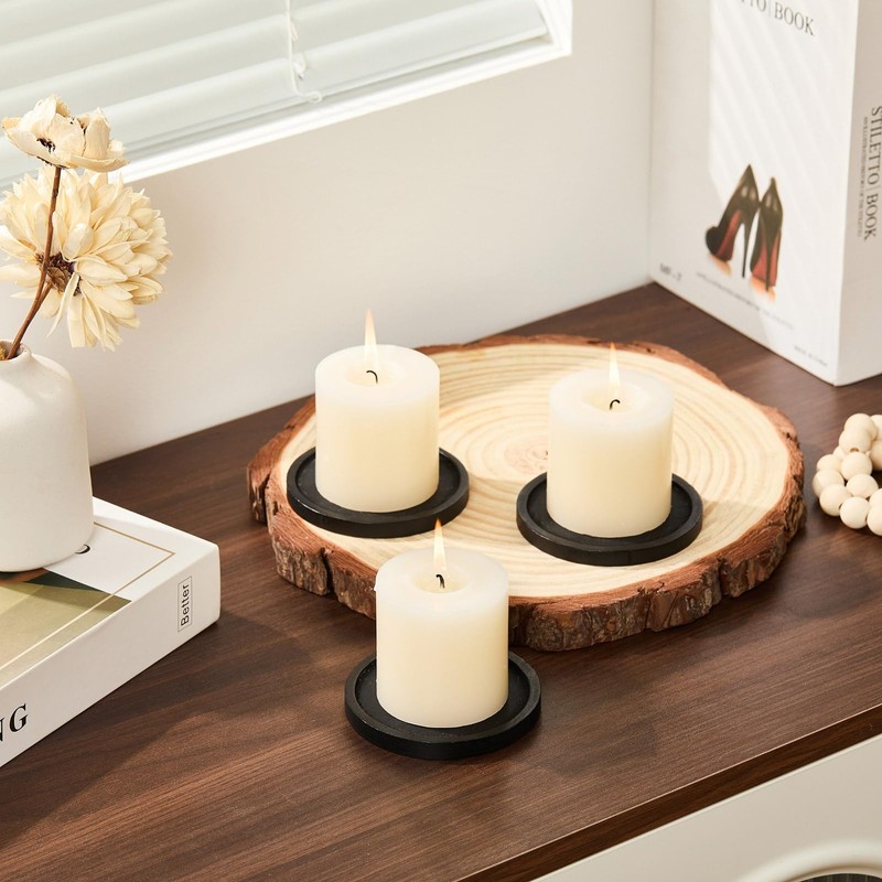 3-Piece Black Wood Candle Holder Plate Base Set for Pillar