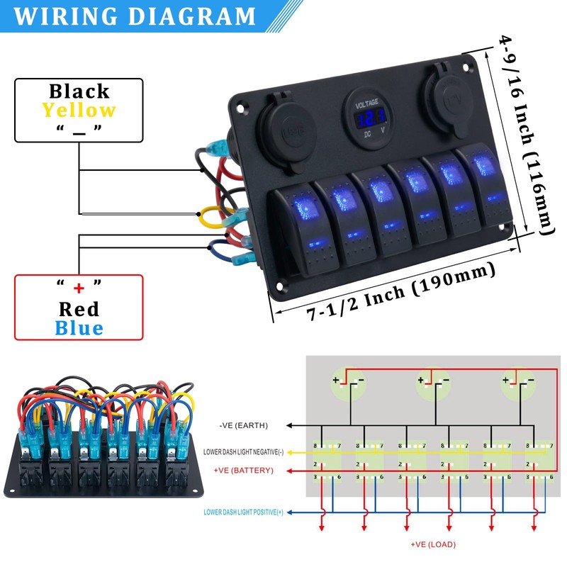 6 Gang Rocker Switch Panel, EilxMag Blue Marine Switch Panel