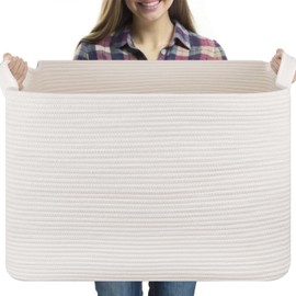 OIASKET Laundry Basket for Organizing, Extra Large Blanket Basket, Rope Storage Basket for Living Room, Woven Basket for Clothes, Pillows, Nursery Laundry Hampe, 22.8" x 22.8" x 13" White