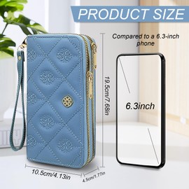 AdiStylinno Women's Wallet, Double Zip Leather Phone Wallets with Zipper Pocket, Large Capacity Card Holder Wristlet Purse (Blue)