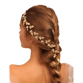 Jumwrit Bridal Pearl Headband Bride Wedding Hair Vine Leaf Bridal Headpiece Hair Accessories for Women and Girls（Rose Gold）