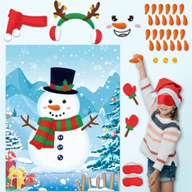 Pasimy Christmas Pin Games Reusable Pin The Nose On Snowman Game Set Include 2 DIY Snowman 1 Xmas Poster 24 Carrot Nose Stickers 2 Blindfold for Winter Holiday Party Game Activities Supplies