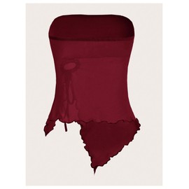 SOLY HUX Women's Mesh Drawstring Split Tube Top Strapless Sleeveless Asymmetrical Hem Summer Tops Solid Burgundy Small