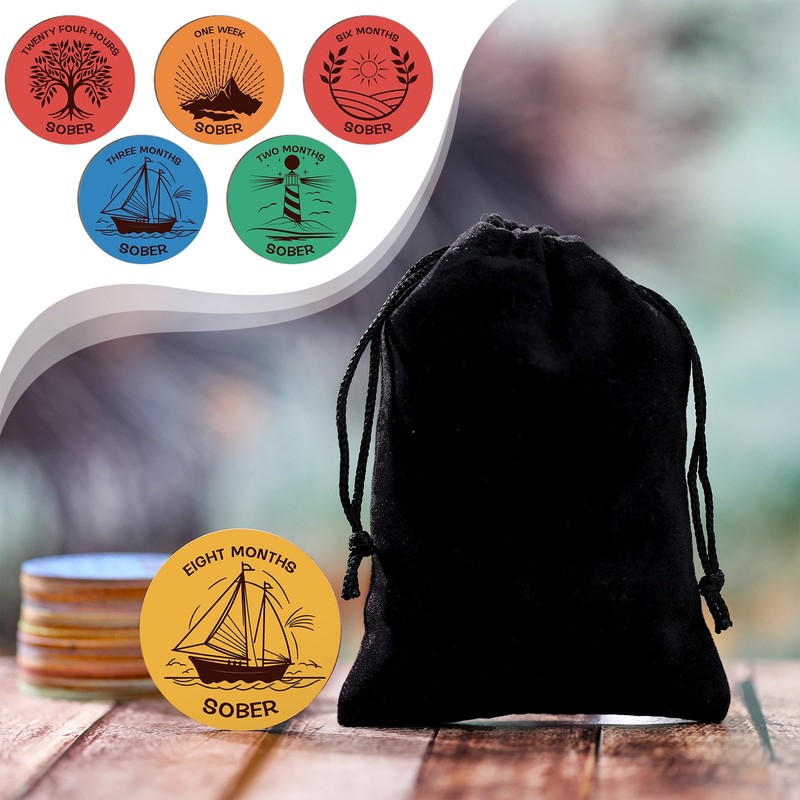 28 Pcs Wooden Sobriety Coin Gift Set, Recovery Sobriety Chip
