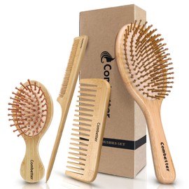 Combetter Bamboo Hairbrush and Comb Set - Natural Eco-Friendly Paddle Detangler with Scalp Massage for Women, Men, and Kids - Reduces Frizz and Promotes Healthy Hair Growth(4PCS)