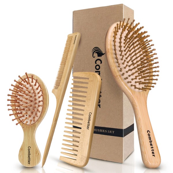 Combetter Bamboo Hairbrush and Comb Set - Natural Eco-Friendly Paddle