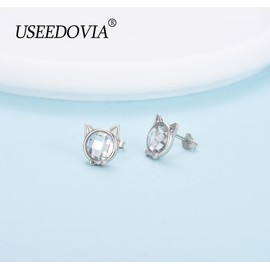 USEEDOVIA Sterling Silver Stud Earrings for Women Girls, Hypoallergenic Silver Cute Cat Face Stud Earrings with White Cubic Zriconia Jewelry Gifts for Birthday Wedding