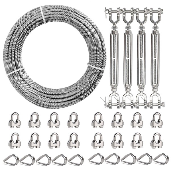 1/4" Wire Rope Kit, 50ft Stainless Steel Cable with 4Pcs