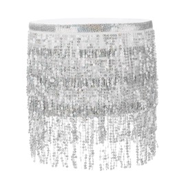 PATIKIL Women's Sequin Tassel Skirts 73x15 Inch, Rave Fringe Sparkle Skirt Belly Dance Hip Scarf for Women Festival Party Costume Performance, White