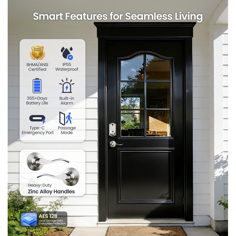 Veise VE017-L Fingerprint Smart Lock with Lever Handles, App Control,