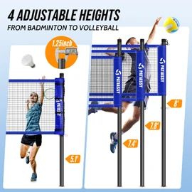 Volleyball Badminton Net Set Combo for Backyard Beach, 2-in-1 Adjustable Net with 4 Heights (5.1–8FT) & 3 Widths (20–32FT), 4 Aluminum Rackets, Goose Feather Shuttlecocks, Volleyball & Carrying Bag