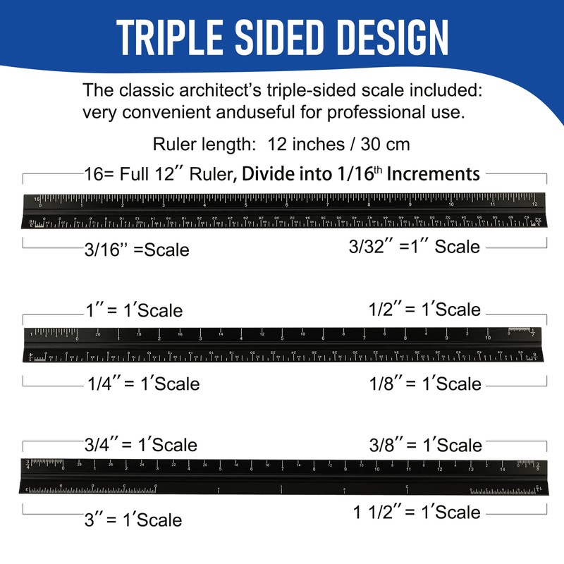 Architectural Scale Ruler for Blueprint, 12'' Metric Metal Engineers Triangle