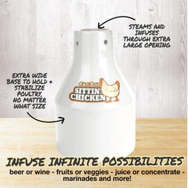 Ceramic Beer Can Roaster with 4 Steam Holes for More Flavor-Fat Boy Sittin' Chicken Marinade BBQ Cooker- Extra Wide Base Holds Full Chicken-Great for Xmas Meal Prep & Holiday Parties-Grill & Oven Safe