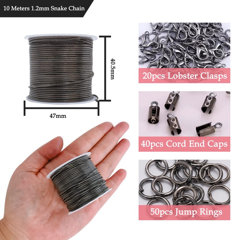 CREATZONE 32.8 Feet 1.2mm Black Snake Chain Necklace Link Cable