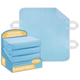 DAHAPYBOO Washable Underpads with 4 Handles, 34"x36" 4 Pack Incontinence Bed Pads, Heavy Absorbency Reusable for Elderly, Kids, Adults and Pets, Waterproof Quick Drying for Bed, Sofa, Floor
