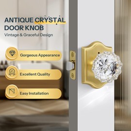 LOQRON Brushed Gold Privacy Crystal Door Knob, Gold Glass Doorknob Interior with Push Button Lock, Vintage Crystal Door Knob for Bathroom Bedroom, Satin Brass