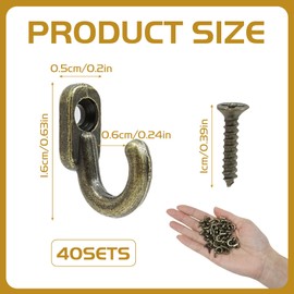Pack of 40 Screw Hooks, Vintage Hooks, Small Hooks, 16 x 13 mm with 40 Screws, Antique Key Hooks, Bronze Single Hooks, Small Coat Hooks for Screwing for Jewellery, Bags, Towels, Bathroom, Kitchen