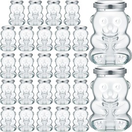 Patelai 24 Pack 6 oz Glass Bear Shaped Honey Jars with Lids Reusable Small Tilted Bear Glass Bottles Containers Dispenser for Candies, Birthday Wedding Party Favors(Classic, Silver)