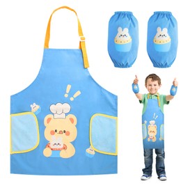 Boisbresil Kids Aprons Cartoon Adjustable Child Chef Aprons with 2 Short Sleeve Kids Cooking Aprons Child Kitchen Aprons Set for Boys Girl's Kitchen Cooking Baking Paintin Gardening(Blue)