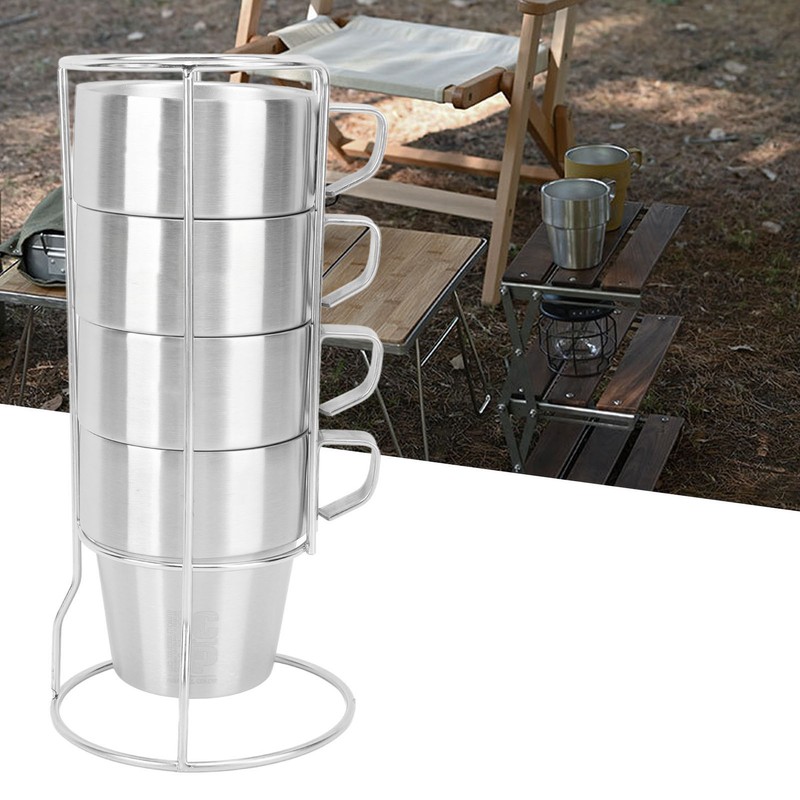 300ml Stackable Coffee Cups with Stand Stainless Steel Double Layer