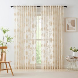 Beige Lace Sheer Curtains 54inch Rose Knitted Floral Vintage Lace Embroidered Curtains for Living Room Bedroom Window Privacy Country Chic Retro Leaf Semi Sheer Drapes Pencil Pleat 52"W 2 Drapes