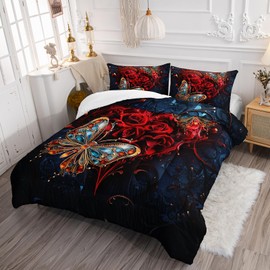 Ntlfup Red Rose Comforter Set Queen Size, 3D Rose and Butterfly Pattern Bedding Set for Girls Women Couple Lover, 1 Quilt and 2 Pillowcases