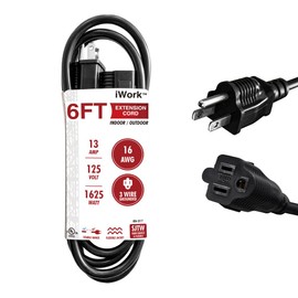iWork 6ft Black Extension Cord, 16/3 SJTW Heavy-Duty, 3-Prong Grounded Plug, Weather-Resistant Power Strip Cable, UL Listed, 13 Amp/1625 Watt Capacity, 6-Foot Extension Cords for Indoor & Outdoor Use