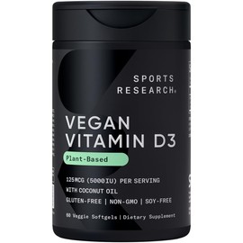 Sports Research® Vegan Vitamin D3 5000IU (125 mcg) with Coconut Oil | 100% Plant-Based Vitamin D for Bone, Joint & Immune Support | Carrageenan Free, Vegan Certified & Non-GMO Verified (60 Softgels)