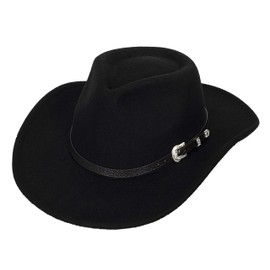 Classic Western Cowboy Hat for Women Men Roll Up Wide Brim Felt Fedora Hats Cowgirl Hat with Belt Buckle (M-L), Black 5 Stars
