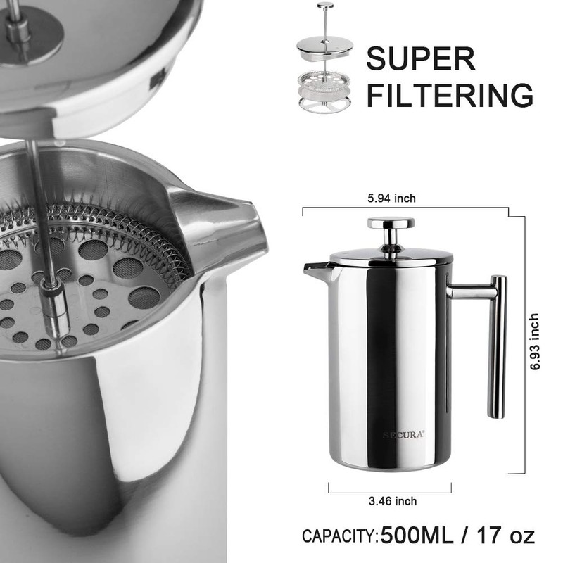 Secura French Press Coffee Maker, 304 Grade Stainless Steel Insulated