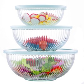 Luvan Glass Mixing Bowls with Lids Set(3.7QT, 2.1QT, 1.1QT),3pc Glass Nesting Bowls,Large Glass Salad Bowls with lids,Clear Cooking Bowls for Kitchen Prep,Food Storage,Baking,Microwave and Oven Safe