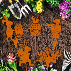 PAIVSUN Easter Bunny Decoration Pack of 5 Garden Stakes, Easter Rust Flower Pot Decoration for Outdoor Use, Rust Metal Easter Decoration Rabbit Rust Stake for Easter and Spring Garden Decoration