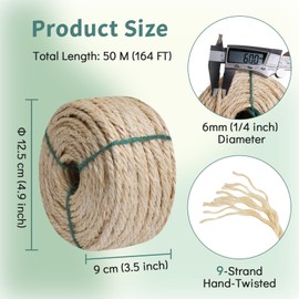 Eunice Natural Sisal Rope for Cat Scratcher, 1/4 Inch by 164 FT Hemp Twine Rope for Cat Tree Cat Scratching Post Replacement, Hemp Twine for Kitten Tree, Pet Toy, DIY, Crafts, Home Decorations